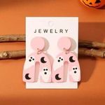 🌸 4 for $20 Halloween Light Pink Moon Pumpkin Printed Clay Textured Earrings Photo 0