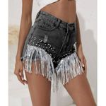 High Waist Ripped Rhinestone Pearl Beaded Fringe Tassel Frayed Black Jean Shorts Size L Photo 3