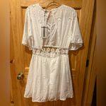 White Lace Floral Embroidery Short Sleeve Mini Dress BOHO Size L Photo 2