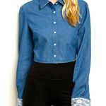 Blue Denim Long Sleeve Crop Top Lace Accent Size M Photo 0