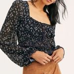 Free People  Lolita Top Womens Large Black Floral Long Sleeve Smocked Square Neck Photo 0