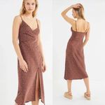 Urban Outfitters  | Satin Polka Dot Midi Slit V Neck Dress in Brown, Size Small Photo 5