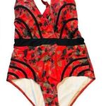 Modcloth Women's The Gilda One-Piece Swimsuit Red Black Slimming adjustable Sz L Photo 0