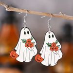 White Ghost Pumpkin Pattern Dangle Halloween‎ Earrings Wooden Jewelry Photo 7