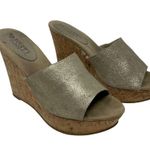 70 Post Paris Lainie Gold Leather Wedge Size 8.5 Open Toe Cork Heel Photo 1