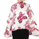 Anthropologie White Ruffle Sleeve Pink Romantic Floral Blouse Twee Glam Medium Photo 3