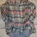 Free People  Plaid Gauze Button Down Shirt Blue Red Yellow Oversized Tunic Top Photo 0