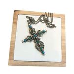 Roma Signed  Cross Pendant Necklace Petit Point Faux Turquoise Christian Vintage Photo 0