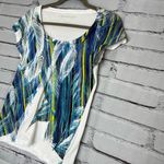 Calvin Klein Jeans Women's Blue Feather Print Top SZ Petite S Crew Relaxed Fit White Photo 5