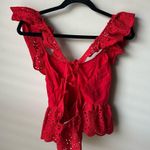 ZARA  Openwork Embroidered Top Red Eyelet Ruffle Medium Cotton tomatogirl Photo 3