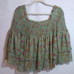 Free People  Golden Age Floral Chiffon Smocked Square Neck Bell Sleeve Blouse S Photo 7