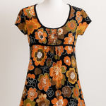 Y2K Only 9 Womens Babydoll Top Size M Petite Black Orange Floral Retro Indie Photo 0