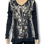 Dolcezza Womens Shirt Top Full Zip Long Sleeve Ribbed Ruffled Hem Black Brown S Photo 0