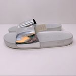 PINK - Victoria's Secret PINK‎ Victoria Secret Silver Single Padded Strap Slides With White Logo Dog Photo 2