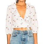 RIXO Sofia White Red‎ Embroidered Wrap Waist Tie Blouse Top Boho Ruffle Size XS Photo 0