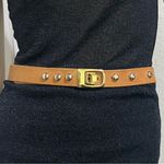 JP Long Horn Studded Brown Leather Gold Buckle Belt Waist 28” Photo 3