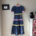 CELIA B Dress Celestial Sun Stars Print Navy Rickrack Trim Midi Dress XS Blue Photo 5