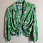 ZARA Women's Knotted Collard Open V~Neck Green Satin Shops Print Crop Blouse M Photo 0