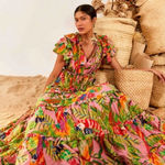 Farm Rio 💕💕 Macaw Leaves Flutter Sleeve Maxi Dress XL Photo 0