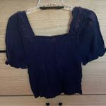 Monteau  Navy Blue Smocked Ruffle Crop Blouse size Medium Photo 4