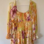 Square Neck Puffy Sleeve Smocked Babydoll Dress Floral Flowy Short Dress S Yellow Photo 6