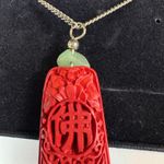 Red Cinnabar Carved Pendant Necklace Green Jade‎ Stone Asian Symbol Chain Photo 2