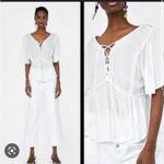 ZARA  WHITE FLUTTER SLEEVE LACE UP TOP Photo 1