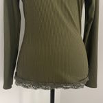Ribbed Lace Trim Long Sleeve Shirt Small Olive Green Scoop Neck Casual Everyday Photo 1