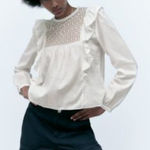 ZARA NEW  RUFFLED FLOWY BLOUSE  Top Ivory Womens Size M Long‎ Sleeve Embroidered Photo 0