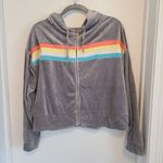 SO  Lounge Life Grey Jacket Size XXL Full Zip Rainbow Stripe Velour Velvet Hoodie Photo 0