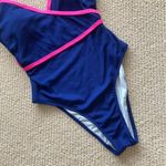 Colorblock Ribbed One Piece High Cut Swimsuit Blue Hot Pink Size Medium Like New Photo 2