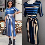 Ann Taylor Black Blue & Beige Belted Midi Short Sleeve Knit Dress Womens XL Photo 1