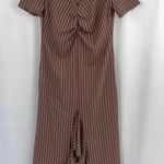 ZARA New  Ruffled Ruched Dress V-Neck Short Sleeve Midi Brown Stripe Photo 4