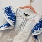 J.Crew 100% linen Flutter sleeve Embroidery blouse blue white size small Photo 22