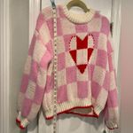 NWT Luna Ivy Size M Pink Cream Check Heart Chunky Knit Long Sleeve Crew Sweater Size M Photo 9