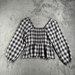 Pleione Plaid Peplum Blouse Square Neck Long Sleeve Western Black White Size M Photo 2
