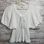 Free People One Hayden Thermal Waffle Knit Puff Sleeve Lace Up Top White XSmall Photo 4