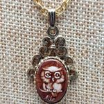 Vintage 24” Textured Gold Tone Chain with Key Pendant Ceramic Owl Cameo Photo 3