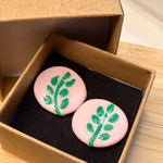 Handmade vintage Pink & Green Leaf Round Stud Earrings Photo 0