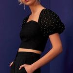 C/MEO COLLECTIVE C/MEO Crop Top Womens XS Black Rhinestone Studded Puff Sleeve Textured Coquette Photo 1