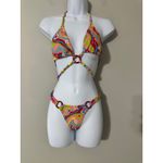 Tiger Mist  Retro Floral Print Halter Bikini Set Beaded Ring Accents XS Photo 2