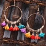 Boho Colorful Tassel Hoop Earrings Gold Tone Festival Gypsy Style NWT Pink Photo 1