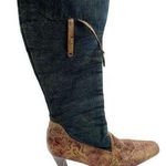 Vintage Bumper Leather Western Cowboy Boots Denim Shaft Block Heel Square Size 9 Photo 0