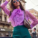 ZARA SEMI-SHEER ORGANZA BLOUSE TOP W/ BOW TIE PUFF SLEEVE PURPLE COLOR NEW Photo 2