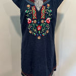 Lucky Brand Womens Sz: M Linen Bland Navy Blue Embroidered Neckline V-Neck Dress Photo 0