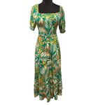 Betsey Johnson Green Hawaiian Tropical Palm Leaf Square Neck Smocked Midi Dress Photo 2