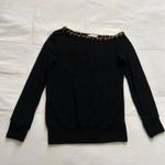 Black open knit off the shoulder sweater with tan blanket stitching Size XS Photo 0