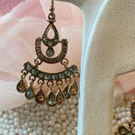 Vintage Glamour Gold Tone Teal Amber Crystal Chandelier Dangle Drop Earrings Photo 2