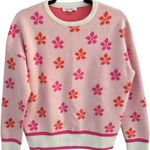 THML Women’s White Orange Pink Retro Flower Jacquard Crew Neck Sweater Small Photo 0