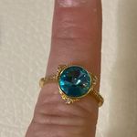 None Vintage Gold Tone Statement Ring Blue Crystal Gem Size 7 Photo 1